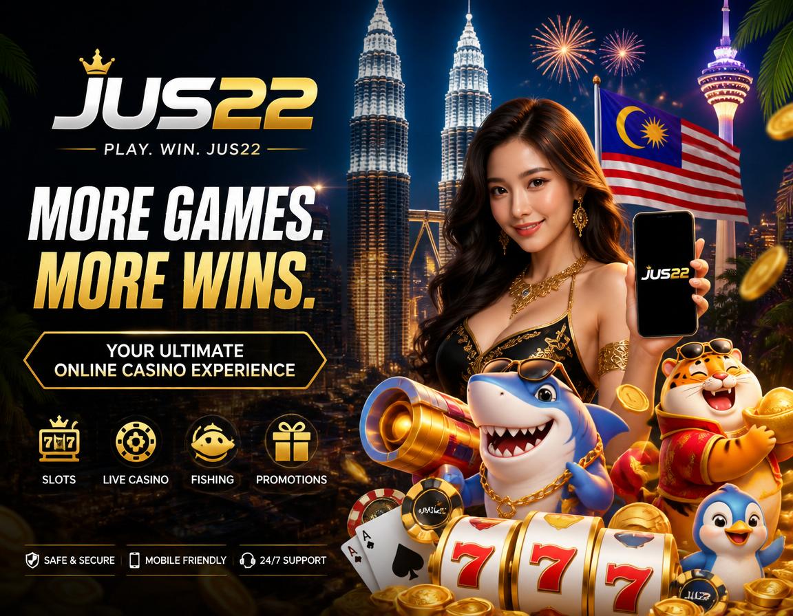 Gambaran permainan JUS22 dengan meja live, kad, cip, dan navigasi kategori